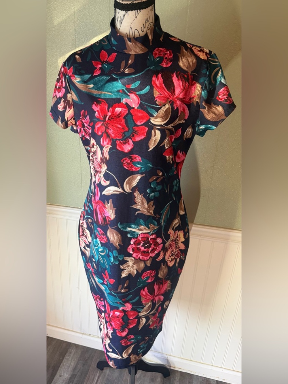 Bodycon Short Sleeve Floral Navy Dress with Pink & Teal Print.
